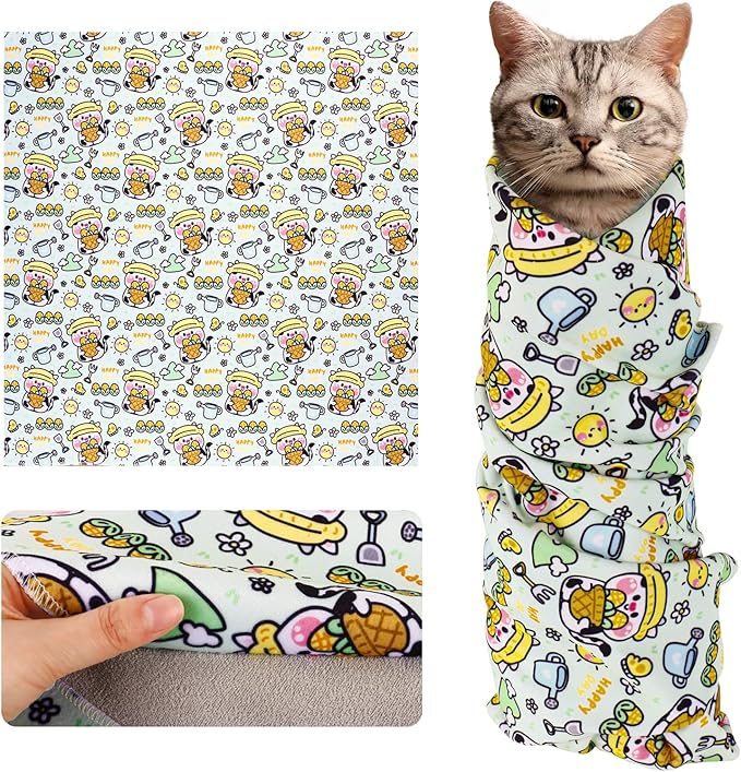 Cat Wrap for Cutting Nails and Grooming(27"x27"),Cat Restraint Wrap for Nail Clipping, Self-Adhesive Fabric Cat Swaddle Burrito Wrap for Nail Trimming (Cow Style)