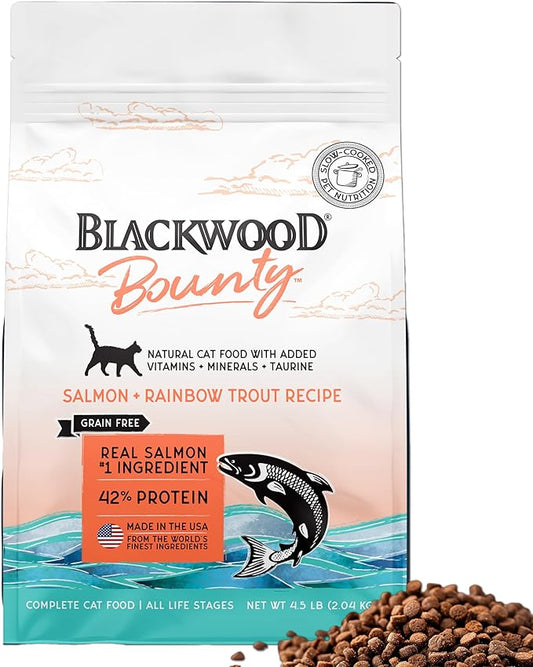 Blackwood Bounty Dry Cat Food, Salmon & Rainbow Trout Recipe for All Life Stages, 4.5 Pound Bag, High Protein, Grain Free
