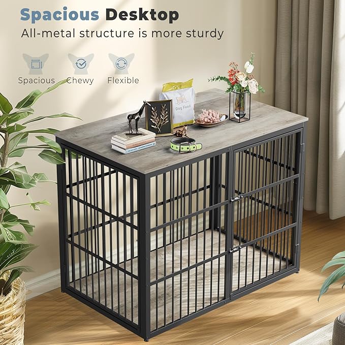48'' XXL Dog Crate Furniture with 3 Doors, Wooden Crate End Table Heavy Duty Indoor Combination Cage for Medium to Large Dogs, Multiple Units Can be Combined, Grey