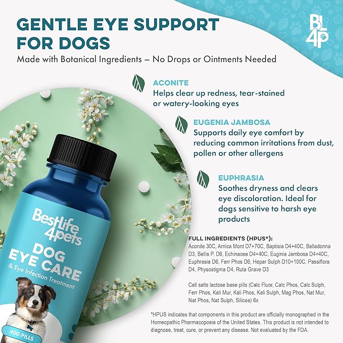 Dog Eye Care & Infection Treatment, Natural Dog Supplements for Conjunctivitis, Swelling, Dry Eyes and Discharge, Easy to Use, No More Struggle with Canine Drops, 400 Small Pills