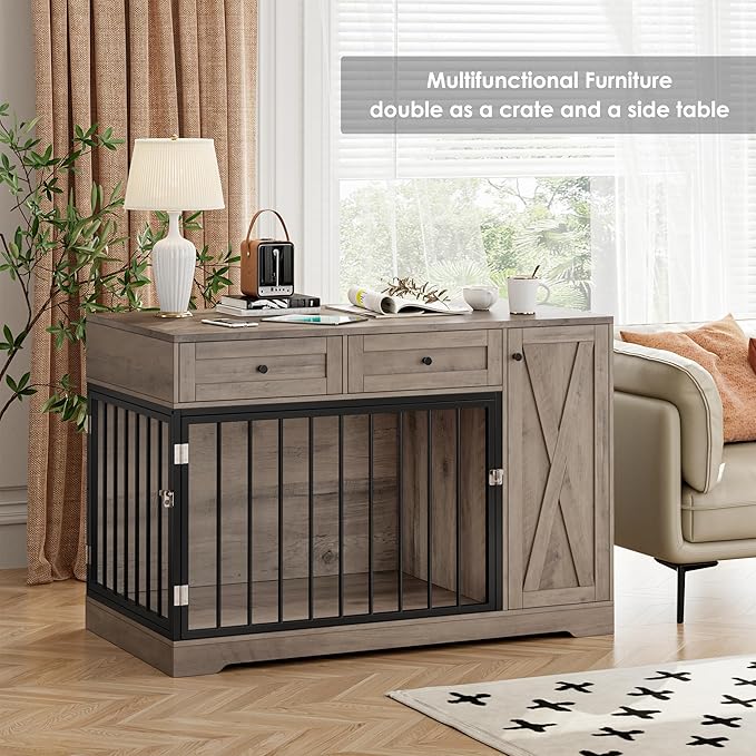 Dog Crate Furniture Kennel with Double Doors Wooden Pet House with 2 Drawers and Storage Cabinet, Indoor Dog Cage Farmhouse Modern Side End Table for Small Medium Dogs, Rustic