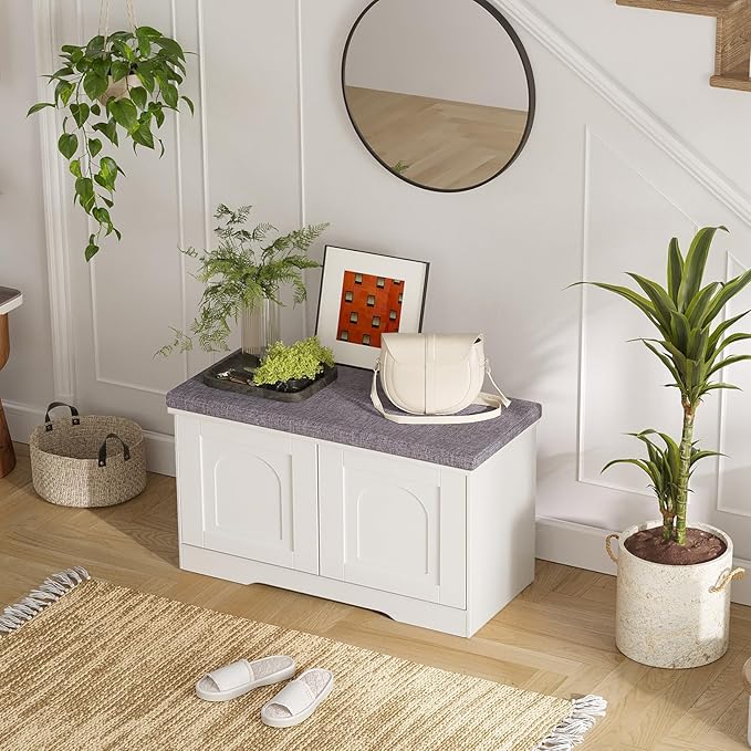 DINZI LVJ Shoe Bench, Entryway Storage Bench with Doors, Cushion, 2-Tier Shoe Rack with 6-Cubby, 31.5”L x 13.8”W Shoe Organizer Cabinet, Adjustable Shelf, Living Room, Bedroom, White