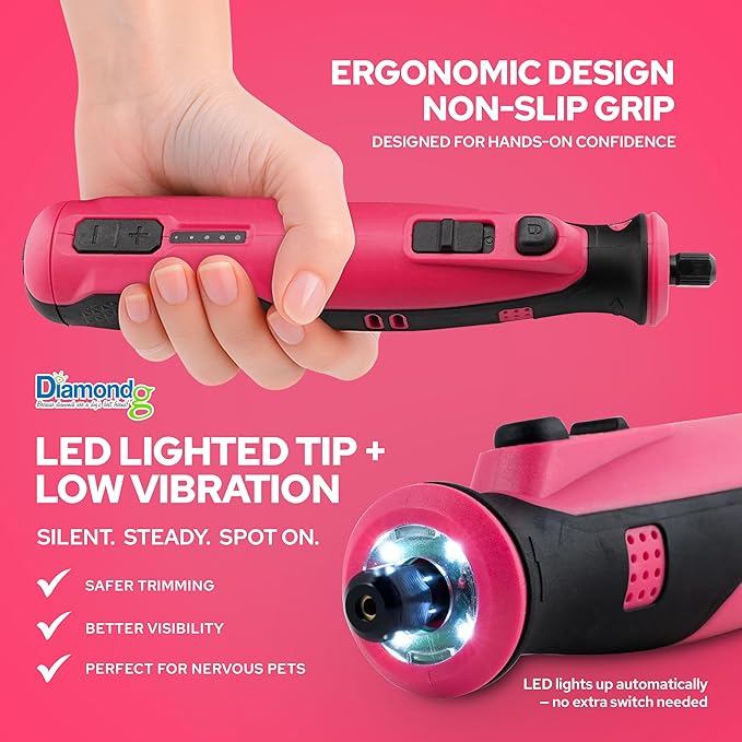 Diamondg Cordless Dog Nail Grinder with Quiet Sound & LED Tip for Large & Small Dogs, 4hrs. Runtime, 2 Bits Included, Pink