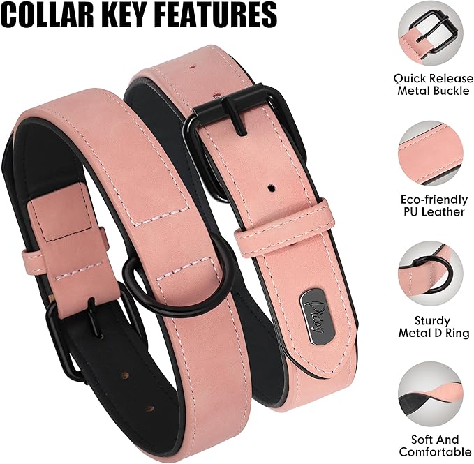 Didog Soft Padded PU Leather Dog Collar, Breathable and Adjustable Pink Dog Collars for Medium Dogs, Comfortable for Daily Walk, Pink, L Fit Neck 13-17"(22-44 lbs)