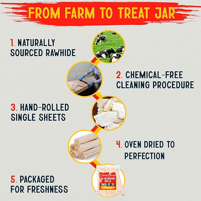 Canine Chews 10" Dog Rawhide Retriever Rolls - Bones for Large Dogs (20 Pack) - 100% USA-Sourced Natural Beef - Single Ingredient - Healthy Dental Chew