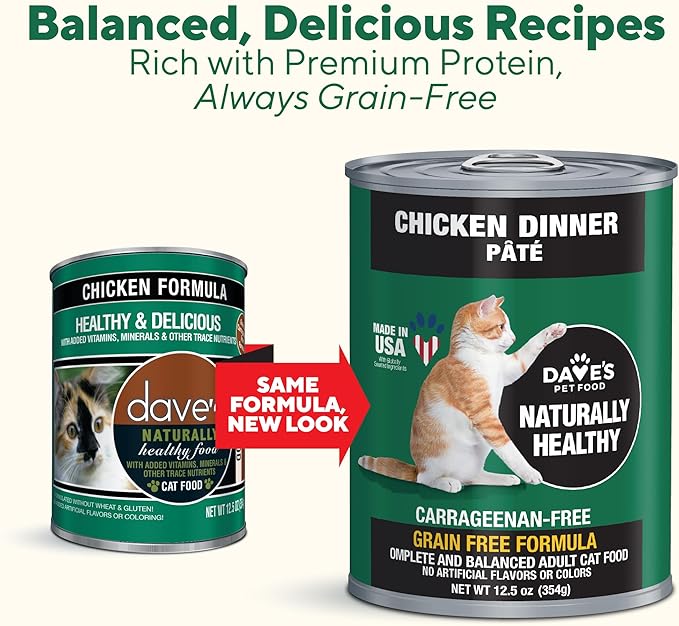 Dave's Pet Food Grain Free Wet Canned Cat Food Pate(Chicken), Made in USA Naturally Healthy, Wheat & Gluten-Free, 12.5 oz Cans (12 Pack)