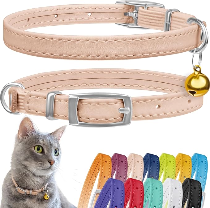 CollarDirect Leather Cat Collar, Kitten Collar with Removable Bell Black Blue Red Orange Lime Green (6-7 Inch, Beige)