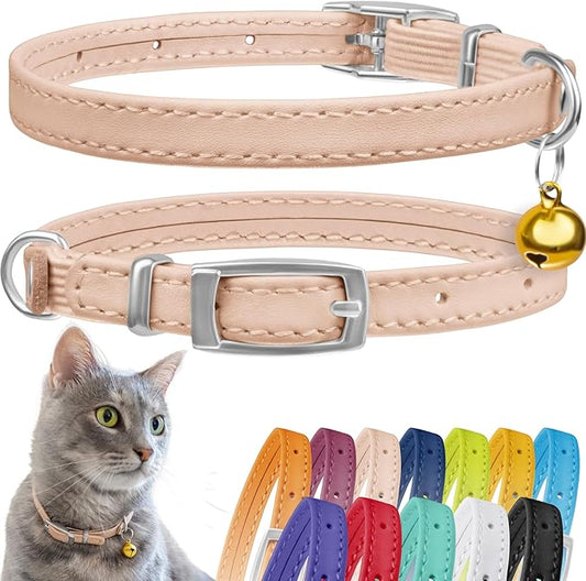 CollarDirect Leather Cat Collar with Bell - Kitten Small and Big Cat Collar for Boy Cats, Girl Cats with Safety Elastic Strap (Neck Fit 6"-7", Beige)