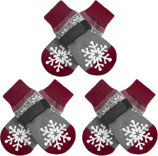 BEAUTYZOO Christmas Winter Anti-Slip Dog Socks with Grips Traction Control for Small Medium Large Dogs, Non Skid Indoor Double Side Pet Paw Protector for Hardwood Floor Wear, Snowflake S/M