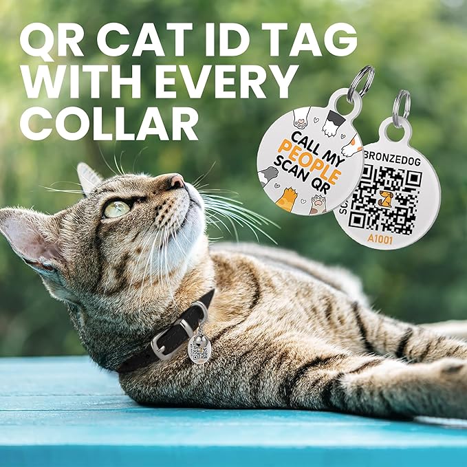 BRONZEDOG Leather Cat Collar with Removable Bells Non Breakaway Kitten QR Tag for Girl Boy (7" - 9" for Cats, Black & Silver)