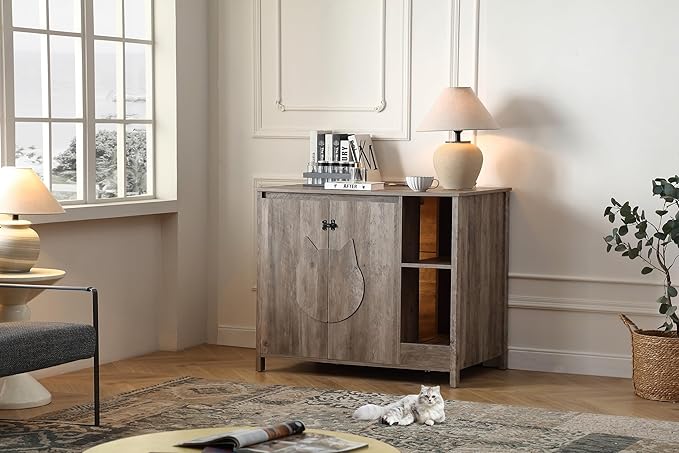 Cat-Faced Doors Cat Litter Robot Enclosure,Automatic Litter Box Enclosure for Litter Robot 3/4,Power Outlet for Litter Robot Cabinet,Litter Collector,Dog-Proof Adjustable Shelf,Grey