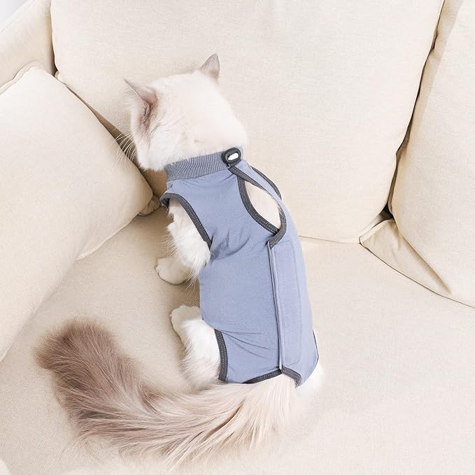 Cat Surgery Recovery Suit Cat Onesie for Cats After Surgery Spay Surgical Abdominal Wound Skin Diseases E-Collar Alternative Wear (Grey-Blue-M)