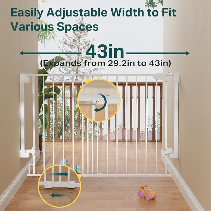 Cumbor 29.2-43" No Bottom Bar Baby Gate for Stairs, 2-in-1 Hardware Mounted Dog Gate Indoor, Auto Close Pet Gate for Doorways with Large Walk Thru Door, Wide Child-Proof Safety Gates for Kids (White)