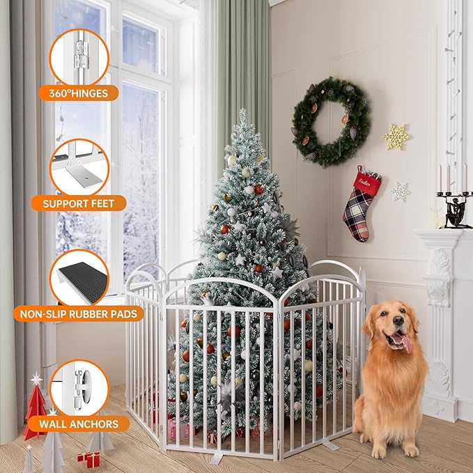 8 Panles Full Matel Freestanding Dog Gates with Door, 192"Extra Wide 32"Tall Free Standing Dog Pet Gate for Indoor & Outdoor. Foldable Pet Fences for Doorways, House, Stairs, Porch, Deck, Yard