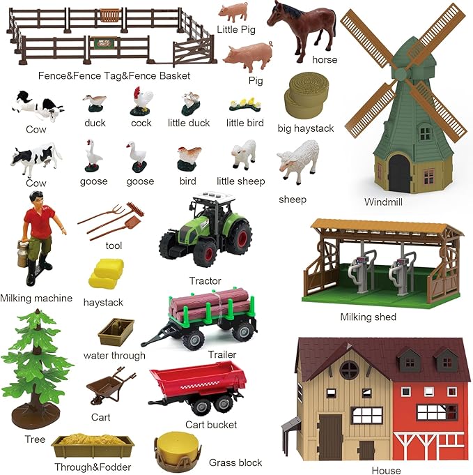 136PCS Farm Animals Toys Set Comes with Barn, Tractor Trailer, Milking shed, Windmill, Farmer, Fence - Playset for Kids Toddlers Boys Girls 5+ Years Old