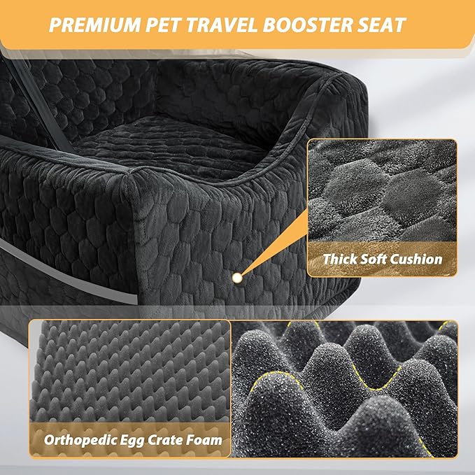 Dog Car Seat for Small/Medium Dogs, Memory Foam Dog Booster Seat, Travel Safety with Washable Removable Cover, Storage Pockets for Dogs up to 35 lbs(Black)