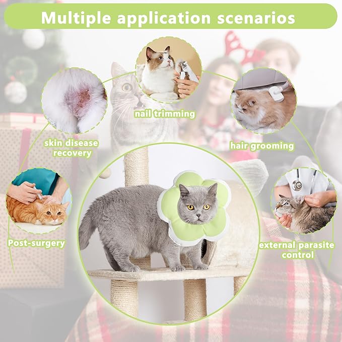 Cat Cone Collar Soft, Waterproof Cats Cones to Stop Licking After Surgery, Adjustable Soft Elizabeth Cats Collars for Wound Healing, Flower Shape Cat Recovery Collar (Green, X-Small)