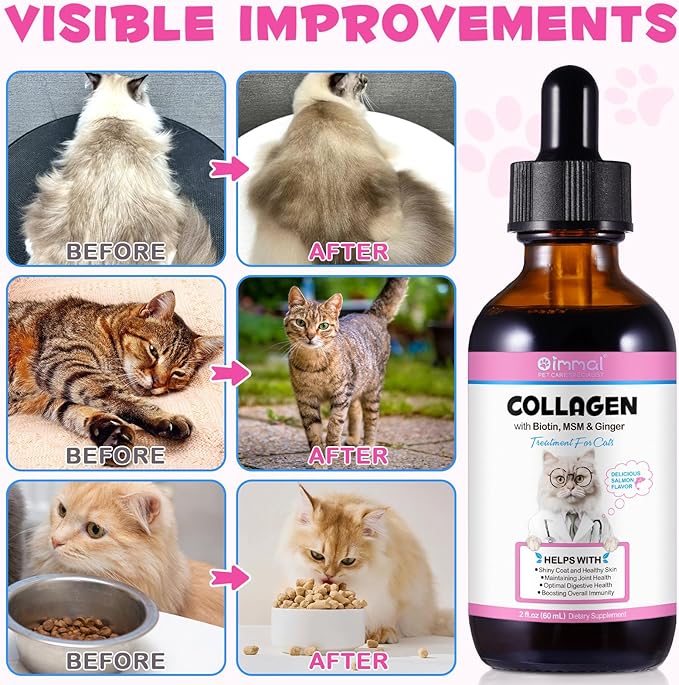 Collagen for Cats, Daily Liquid Collagen Drops for Cats with Allergies, Biotin, Vitamin C and Hyaluronic Acid, Improves Mobility Skin and Coat Health, Itch Relief for Cat, Salmon Flavor, 60ML