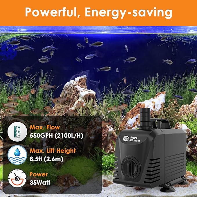 AquaMiracle Submersible Water Pump Aquarium Water Pump with Flow Control, Pond Pump Fountain Pump for Pond, Fountain, Waterfall, Statuary, Water feature, Hydroponics (550GPH, 35W)