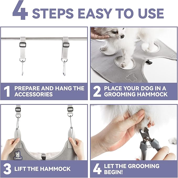 Dog Grooming Hammock Harness for Dogs & Cats with Pet Nail Clipper Trimmer - Cat Hanger Sling for Trimming Clipping Nails- Dog Hammock Restraint Bag for Small Medium Large pet （ Purple XS）