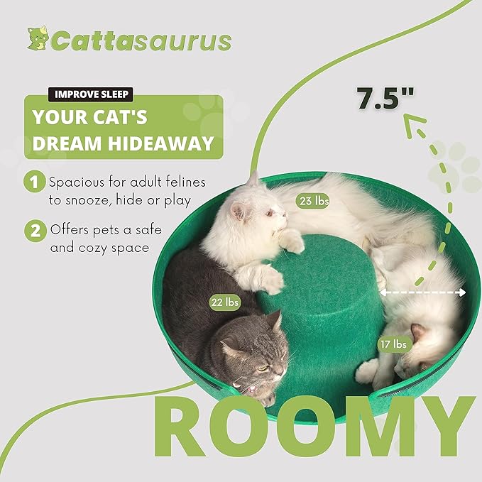 CATTASAURUS Peekaboo Cat Cave for Multiple & Large Cats Up to 30-45 Lbs, Scratch Detachable & Washable Tunnel Bed, Comfy Donut Cat Cave (Forest Green, Large)