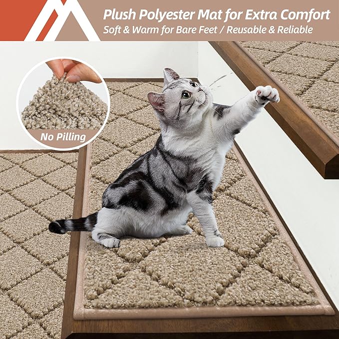 COSY HOMEER Edging Stair Treads Non-Slip Carpet Mat 28inX9in Indoor Stair Runners for Wooden Steps, Edging Stair Rugs for Kids and Dogs, 100% Polyester TPE Backing(4pc, Beige)