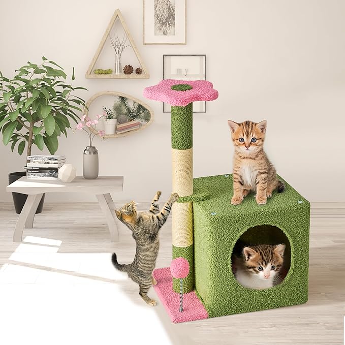 24 Inch Cat Tree Condo for Indoor Cats with Floral Sisal Scratching Post, Plush Hang Ball Play Furniture for Kittens Cats, Pink