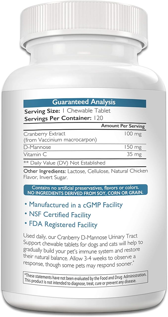 Cranberry D-Mannose for Dogs, Support for Bladder & UTI, Pet Urinary Tract + Immune Health Supplement, Cranberry for Dogs with D-Mannose & Vitamin C, 150 Chewable Tablets