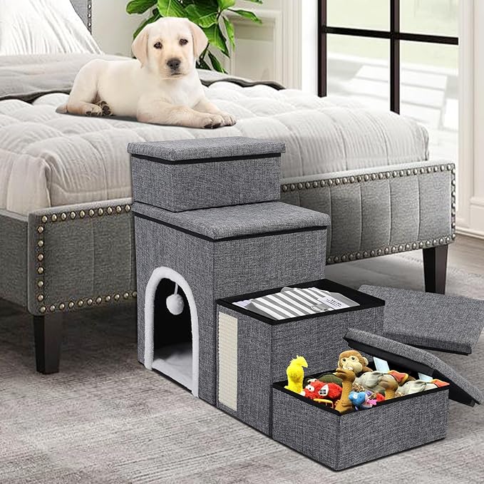 Dog Stairs for Bed and Couch 23“H, Foldable Dog Stairs for Small Older Dogs, 4 in 1 Adjustable Pet Cat Steps Ramps with Storage, Condo, Cat Scratcher, Hold Up to 180LBS, 4 Steps