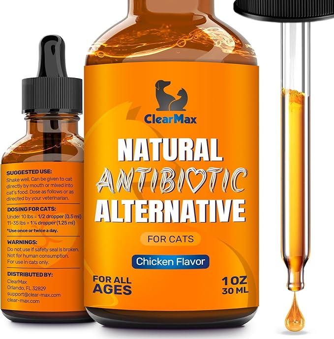 Cat Antibiotic to Help with Cough & Allergies – Antibiotics for Cats to Aid with UTIs and Digestive Moments – HIPS & Joints Support – Attractive Chicken Taste – 1 Oz Bottle