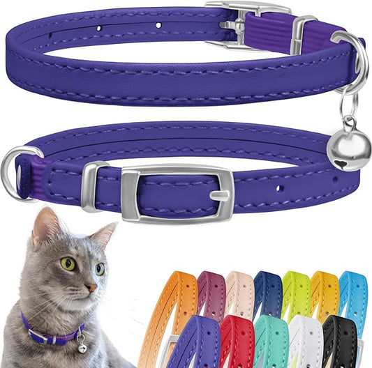 CollarDirect Leather Cat Collar, Kitten Collar with Removable Bell Black Blue Red Orange Lime Green (8-11 Inch, Purple)