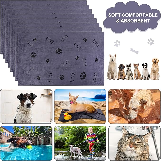 Chumia 8 Pcs Dog Towels for Drying Dogs Cats Pet Towels Bulk Puppy Microfiber Quick Drying Paw Bath Bathing Supplies Absorbent for Medium Pets(Gray,55 x 28 Inch)