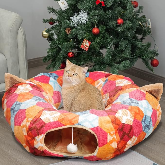 AUOON Cute Cat Donut Tunnel - Interactive Cat Tunnel Bed for Indoor Cats Kitten Kitty Puppy Rabbit Ferret (Orange)