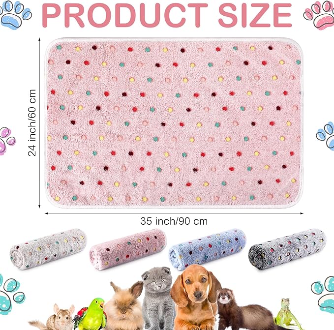 4 Pcs Waterproof Guinea Pig Blankets Washable Small Animal Fleece Bedding Absorbent Guinea Pig Cage Liners Reusable Pet Pee Pad Sleep Mat Pad Cover for Hamster Ferret (Colorful Dot,35 x 24 Inch)