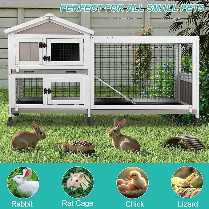 2-Tier Rabbit Hutch with Wheels, Indoor & Outdoor Small Animal Cage with Deep Pull-Out Tray, Anti-Chew Frame, Habitat for Bunny, Guinea Pig, Chinchilla (60" L x 19" W x 35" H)