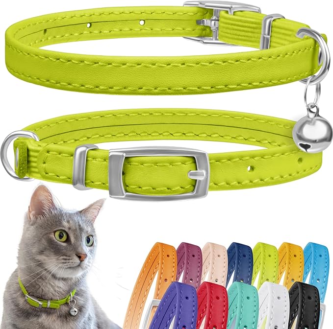 CollarDirect Leather Cat Collar with Bell - Kitten Collar, Small and Big Cat Collar for Boy Cats, Girl Cats with Safety Elastic Strap (Neck Fit 6"-7", Lime Green)