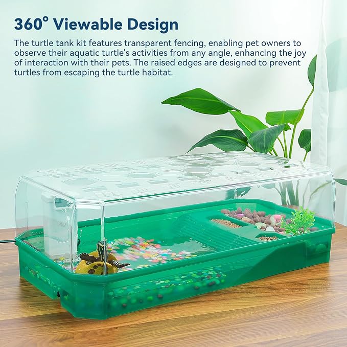 Aquatic Turtle Tank Habitat Kit Stone+Filter+Heat Lamp Enhancing Interaction with 360° Viewing, Standalone Filtration, DIY Creative Zone, Enriched Living (Green, XL[Without Light])