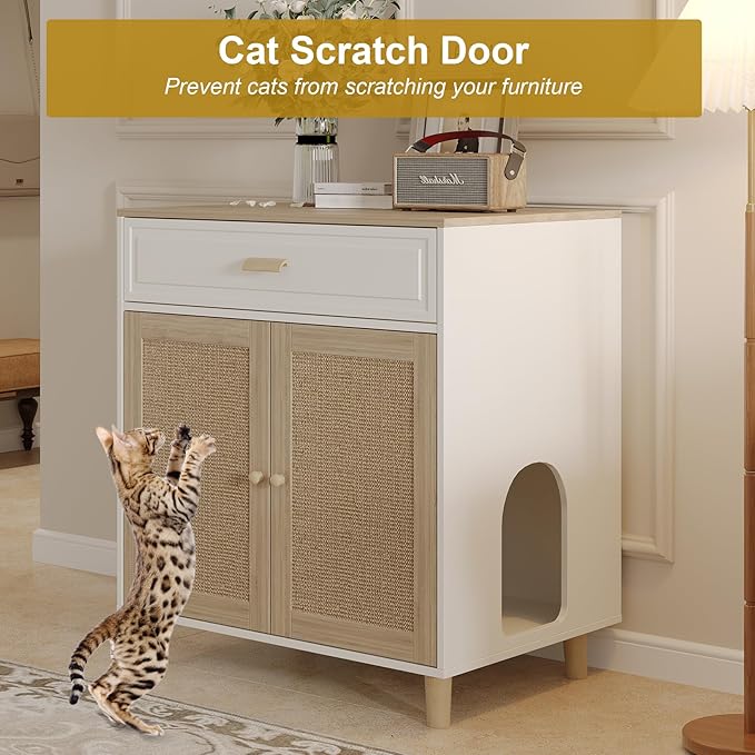 Cat Litter Box Enclosure Furniture Hidden - Indoor 2-in-1 Wooden Cat House & Washroom Cabinet with Scratching Board Doors and Drawer, 31.5”x21.6”x34.6”H