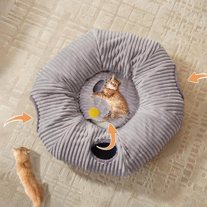 Cat Tunnel Bed for Indoor Cats,Cat Donut Tunnel Toy with Washable Circle Cushion,Blackout Tent, Multifunctional Playground Toys Hideplace for Kitty, Kitten, Rabbit,Ferret