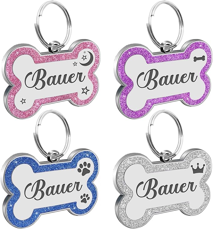 Dog Tags Personalized for Pets Dog Name Tags Personalized Dog Tag Engraved with Any Name & Text Custom Dog ID Tags Glitter Bone ID Tag for Puppy Cat (Purple S, Bone)