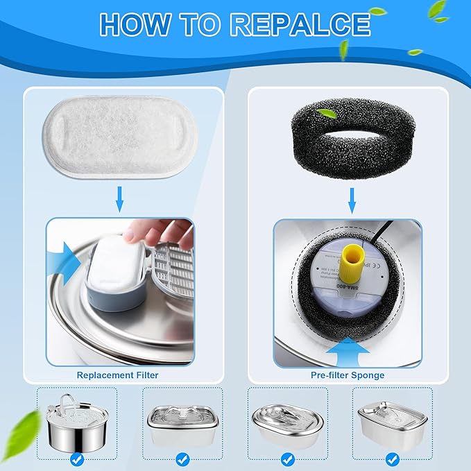 Cat Water Fountain Filters, 40 Pack Cat Replacement Filters for Stainless Steel 108oz/3.2L& 67oz/2L adjustable Flow Pet Water, Dog Fountain Filter（20 + 20 Pack)