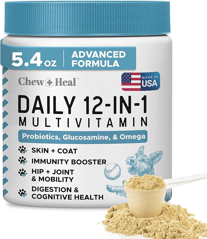12-in-1 Multivitamin Powder for Dogs - 5.4 oz of Puppy and Senior Dog Vitamins and Supplements - Advanced Formula with Glucosamine, Omega 3,6,9, Vitamins, Probiotics, and More - Made in The USA