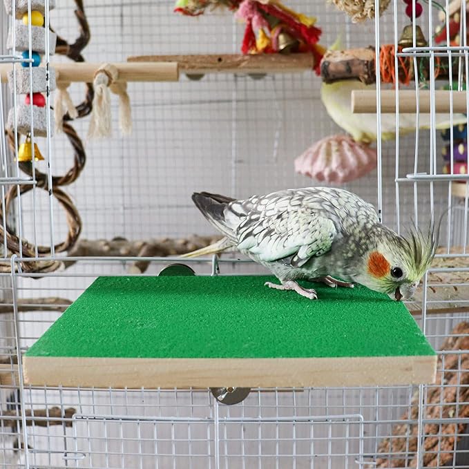 7.9×5.9 Inches Large Bird Perch Stand Platform, Natural Wooden Bird Cage Accessories, Bird Stand Perch with Rough Quartz Sand Surface for Parrot, Parakeet, Budgies, Cockatiel, Rats