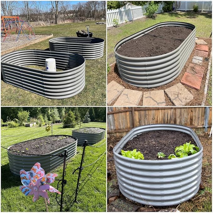 A ANLEOLIFE 8x4x2ft Galvanized Raised Garden Bed Kit, Oval Metal Deep Root Planters for Outdoor Plants Vegetables Flowers Herb, Large Bottomless, 478 Gallon Capacity- Quartz Grey