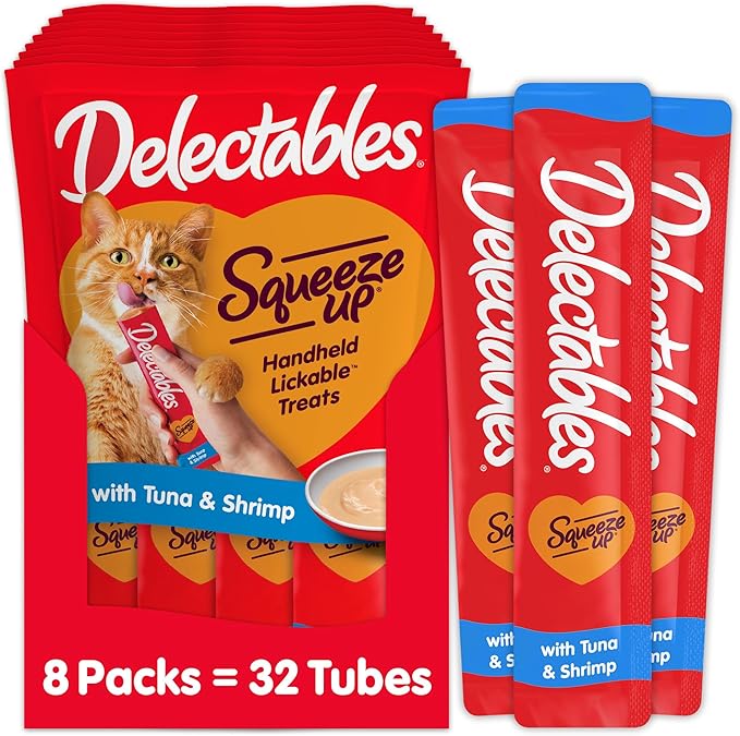 Delectables Squeeze Up Creamy Squeezable Puree, Lickable Wet Cat Treats, Grain Free, No Added Fillers, No By-Products, No Added Preservatives, 0.5 Ounces Tuna & Shrimp, 32 Tubes Total
