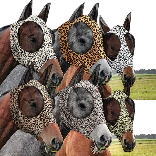 Chunful 6 Pcs Horse Fly Masks with Ears Smooth and Comfortable Cashel Mesh Fly Mask Elasticity Breathability UV Protection Horse Face Covering for Riding Supplies(Leopard,Medium)