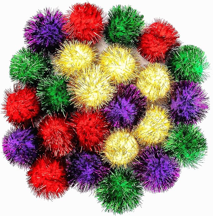 AUEAR, 24 Pack 2 Inch Extra Large Sparkle Cat Ball Glitter Tinsel Pom Pom Balls for Kittens (4 Assorsted Colors)