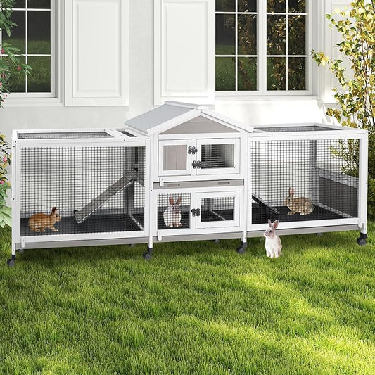 Double Rabbit Hutch Outdoor Indoor Large Bunny Cage with Dual Side Runs, 2-Story Wooden Hutch with 4 Leak Proof Trays, 8 Wheels, Waterproof Roof, Ramp, for Small to Medium Animals