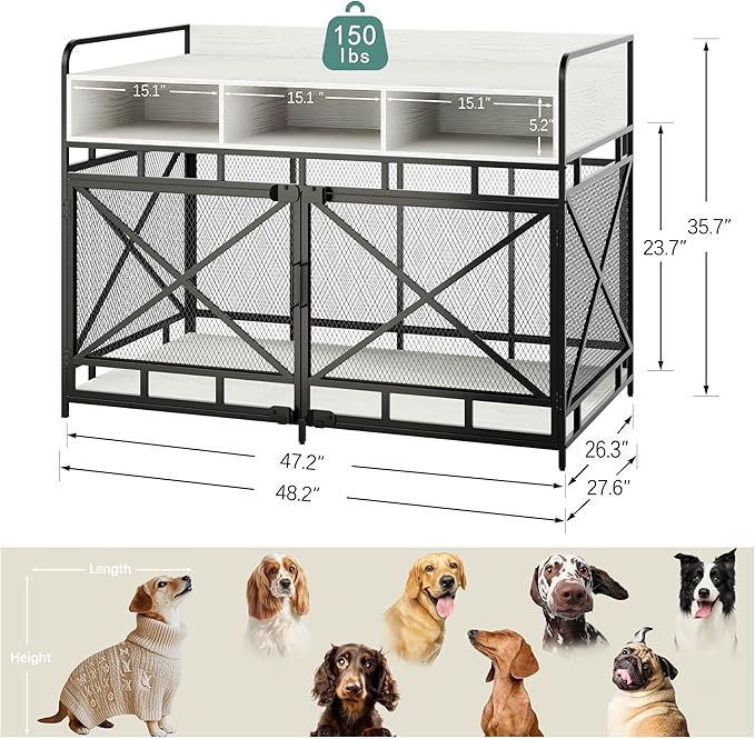 Dog Crate Furniture, 48" Heavy Duty Wooden Dog Crate End Table, XL Dog Kennel Furniture Large Breed, Decorative Dog Kennel Indoor with 3 Drawers & Steel Tube 48"L x28"W x36"H (White and Black)