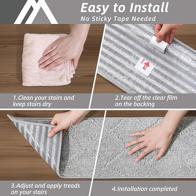 COSY HOMEER Edging Stair Treads Non-Slip Carpet Mat 28inX9in Indoor Stair Runners for Wooden Steps, Edging Stair Rugs for Kids and Dogs, 100% Polyester TPE Backing (15pc, Grey)